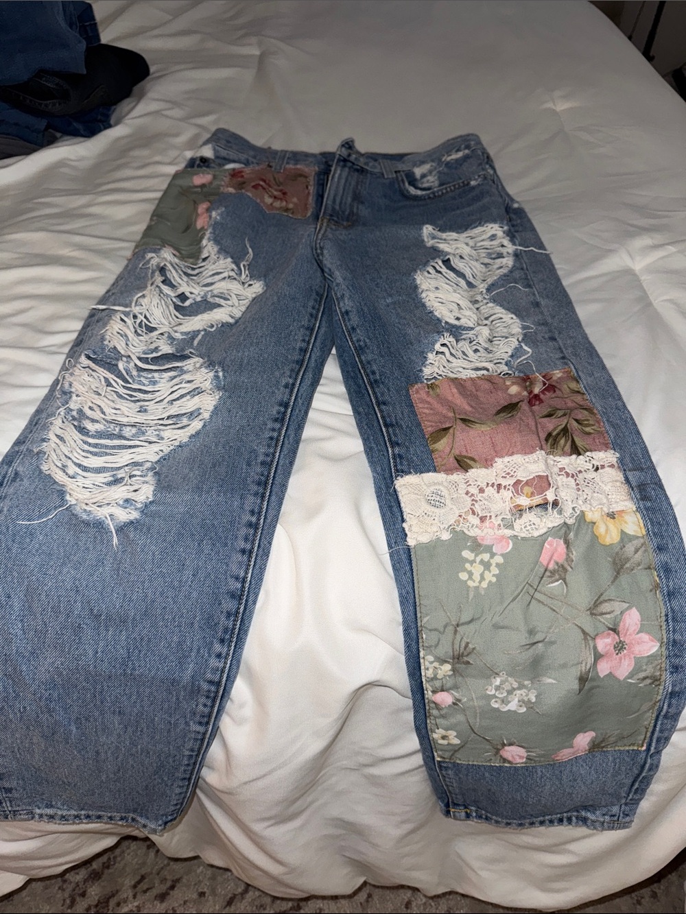 Carmar Blue Distressed Patchwork Floral Boyfriend Jeans